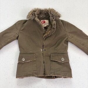 Y2K Cropped Utility Canvas Jacket Olive Brown Faux Fur Collar Bomber Moto BKE S